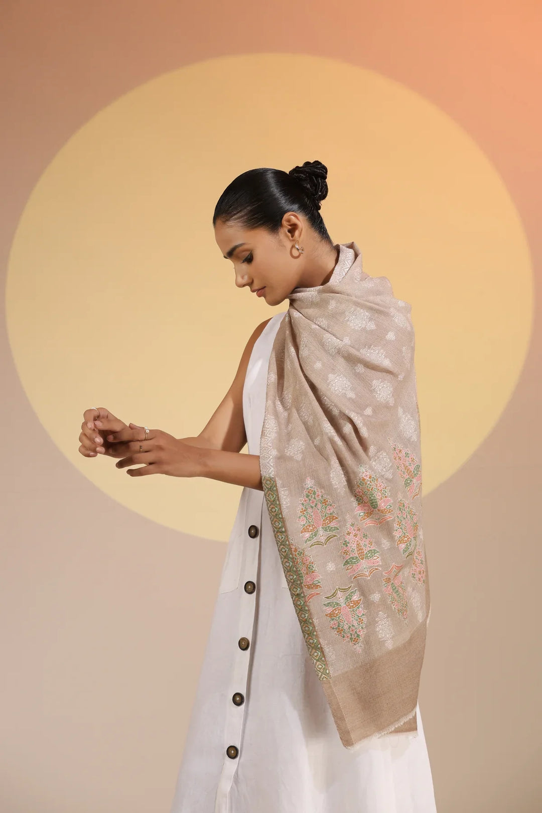 Beige Gifta Cashmere Fine Wool Stole, 28x80