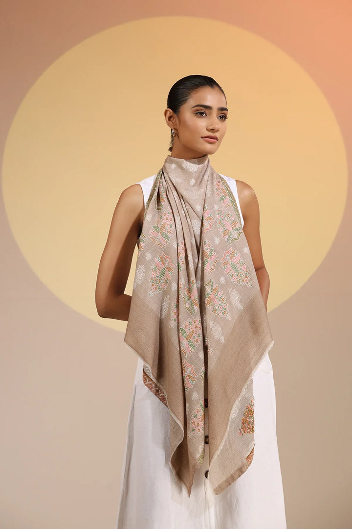Beige Gifta Cashmere Fine Wool Stole, 28x80