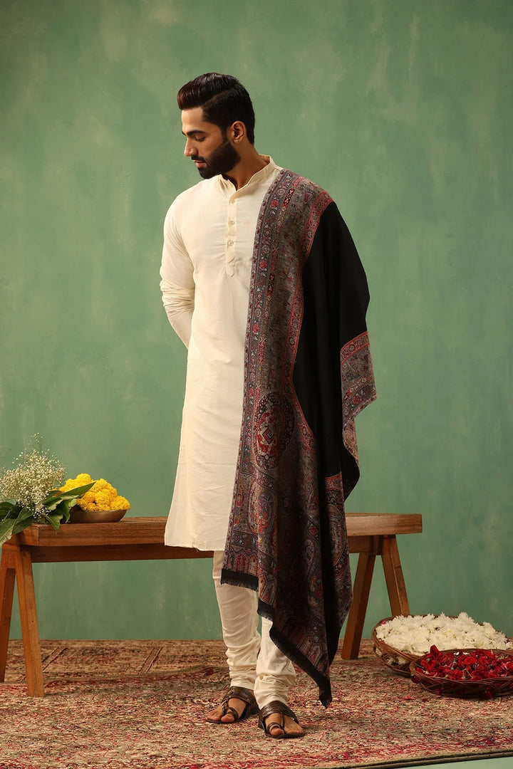 Black Tanish Cashmere Fine Wool Stole, 28x80