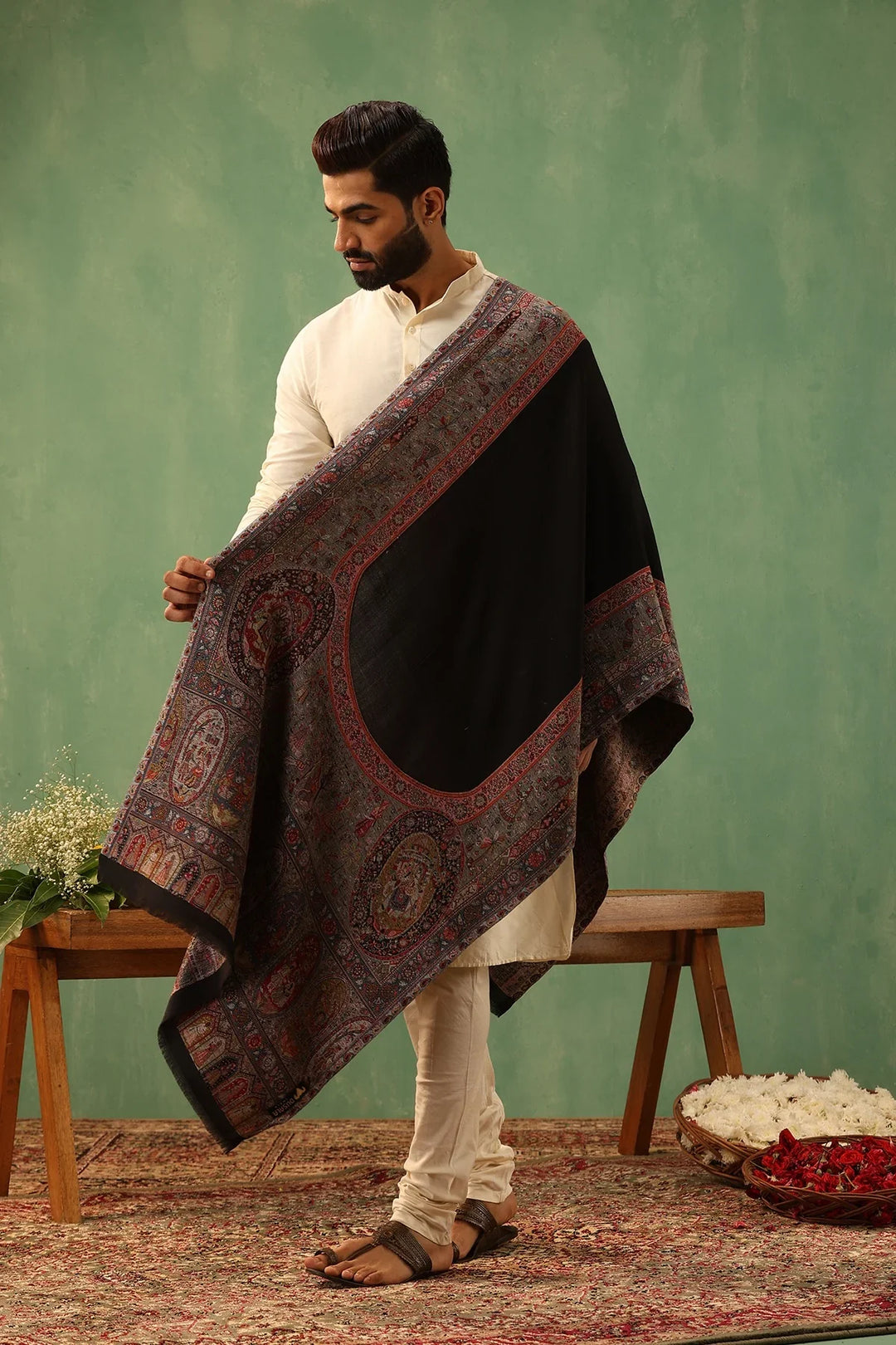 Black Tanish Cashmere Fine Wool Stole, 28x80