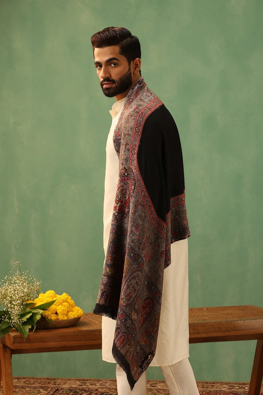 Black Tanish Cashmere Fine Wool Stole, 28x80