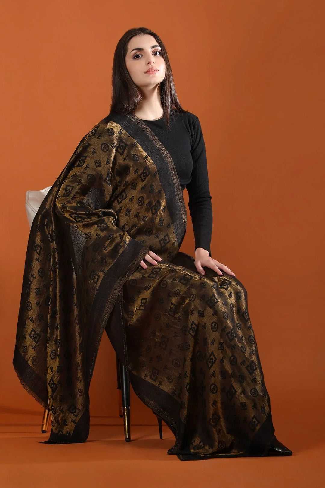 Golden Cashmere Zari Reversible Stole, 28X80 INCHES