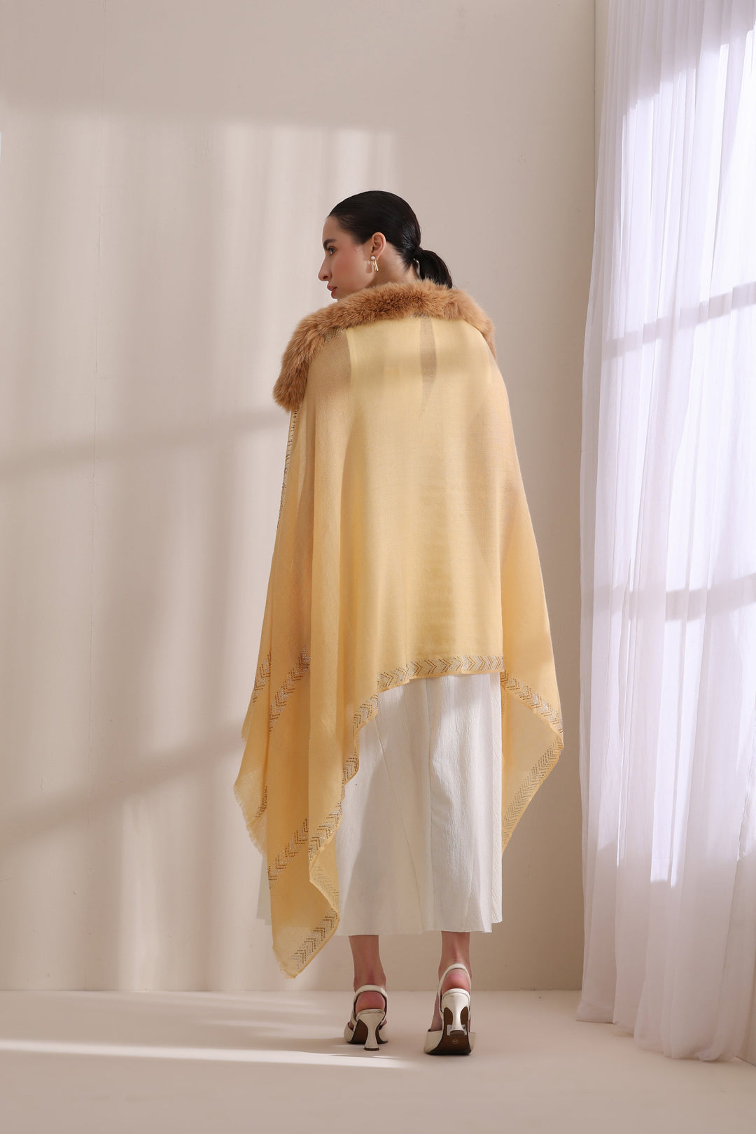 Yellow Cashmere Fine Wool Olivia Collared Fur with Arrow Border Stone Work Stole 28x80