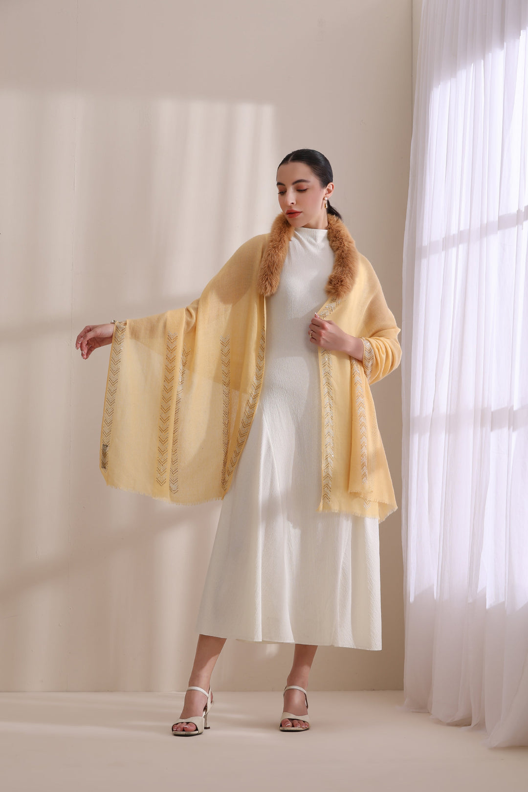 Yellow Cashmere Fine Wool Olivia Collared Fur with Arrow Border Stone Work Stole 28x80