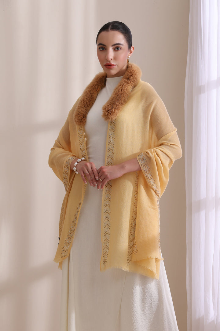 Yellow Cashmere Fine Wool Olivia Collared Fur with Arrow Border Stone Work Stole 28x80