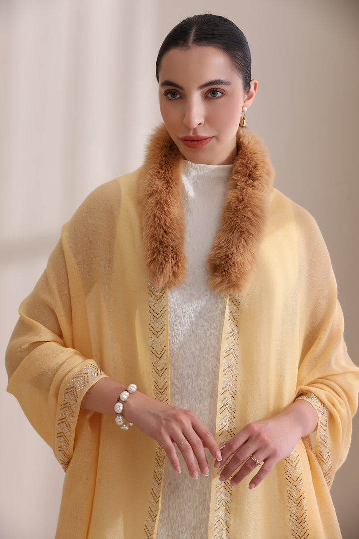 Yellow Cashmere Fine Wool Olivia Collared Fur with Arrow Border Stone Work Stole 28x80
