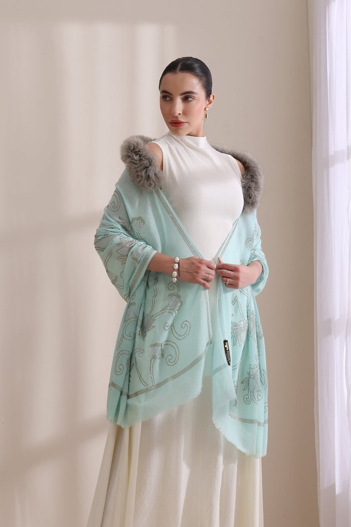 Sky Blue Cashmere Fine Wool Emma Collared Fur with Floral Stone Work Stole 28x80