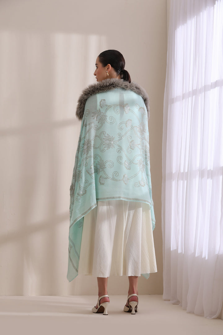 Sky Blue Cashmere Fine Wool Emma Collared Fur with Floral Stone Work Stole 28x80