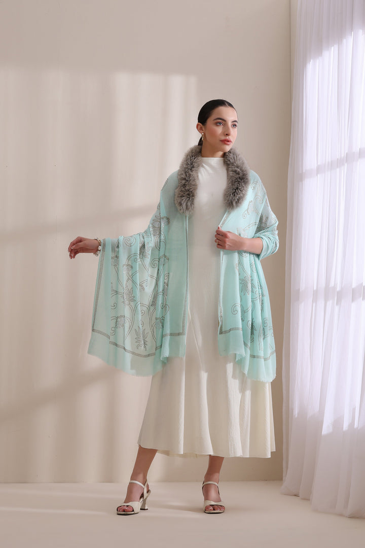 Sky Blue Cashmere Fine Wool Emma Collared Fur with Floral Stone Work Stole 28x80