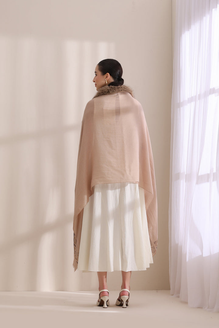 Beige Cashmere Fine Wool Amelia Collared Fur with Palla Border Stone work Stole 28x80