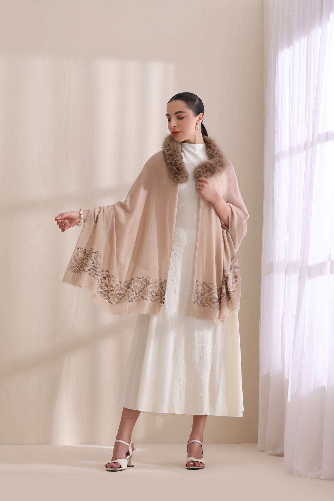 Beige Cashmere Fine Wool Amelia Collared Fur with Palla Border Stone work Stole 28x80