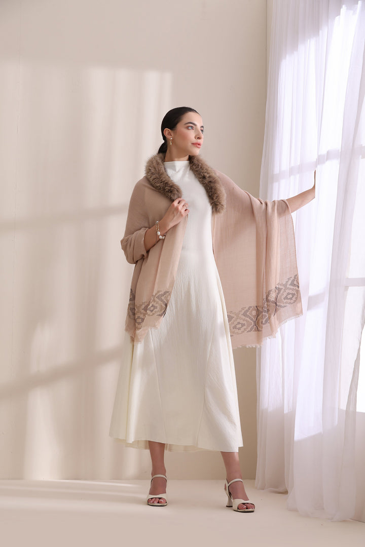 Beige Cashmere Fine Wool Amelia Collared Fur with Palla Border Stone work Stole 28x80