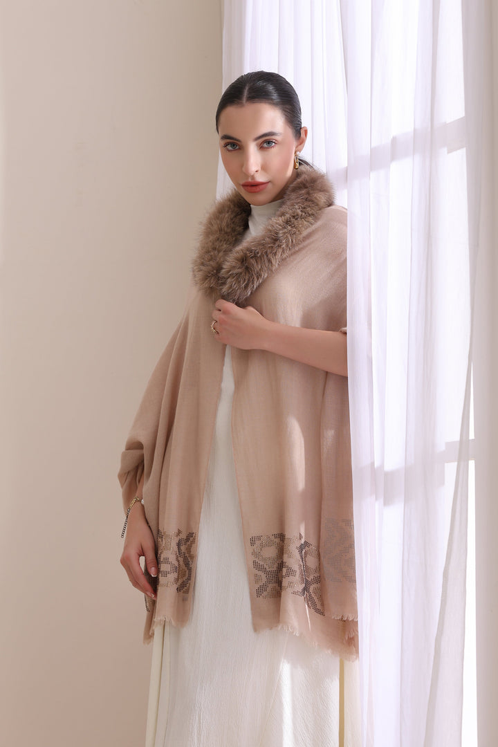 Beige Cashmere Fine Wool Amelia Collared Fur with Palla Border Stone work Stole 28x80