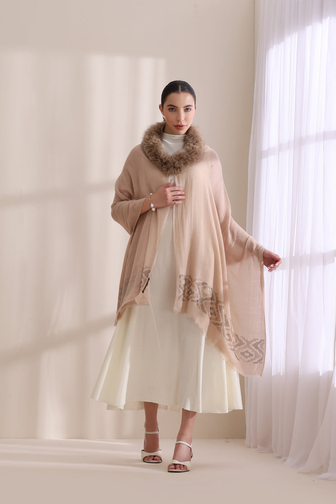 Beige Cashmere Fine Wool Amelia Collared Fur with Palla Border Stone work Stole 28x80