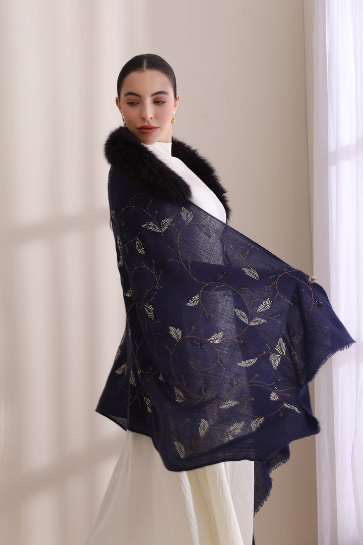 Navy Blue Cashmere Fine Wool Charlotte Collared Fur with Allover Leaf Stone Work Stole 28x80