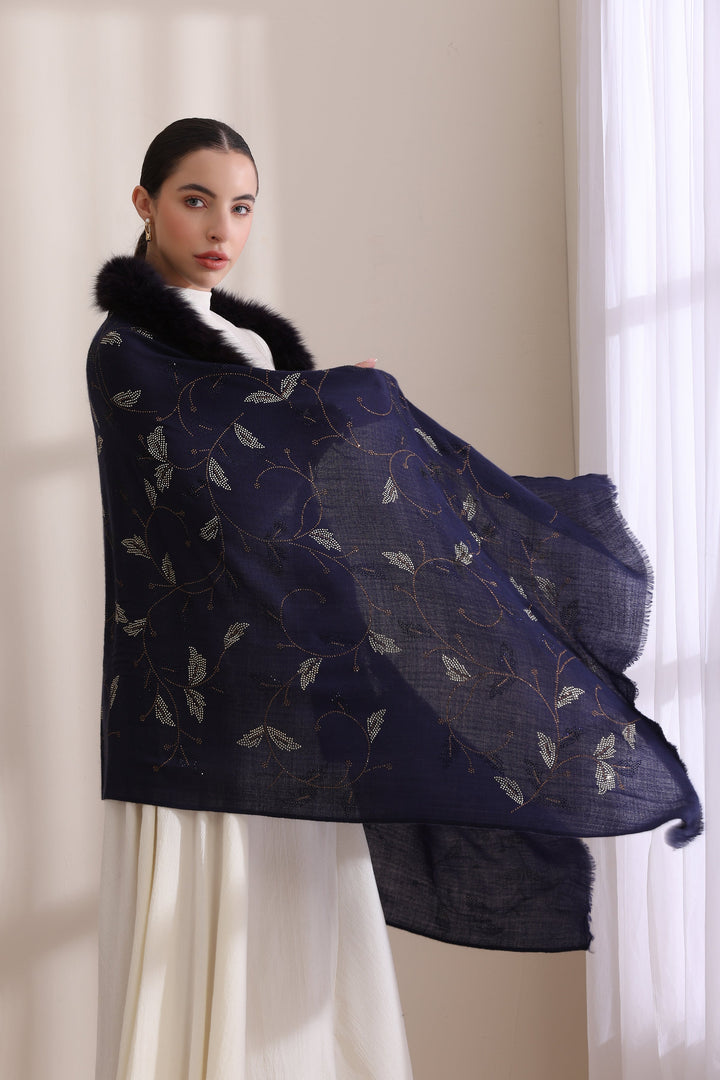 Navy Blue Cashmere Fine Wool Charlotte Collared Fur with Allover Leaf Stone Work Stole 28x80