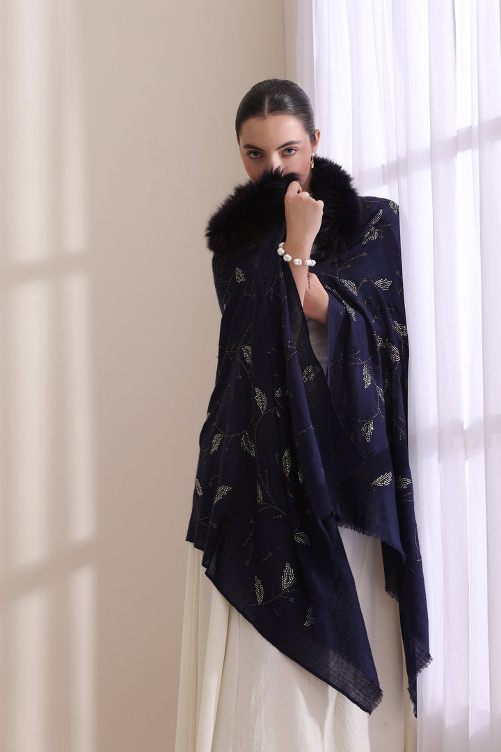Navy Blue Cashmere Fine Wool Charlotte Collared Fur with Allover Leaf Stone Work Stole 28x80