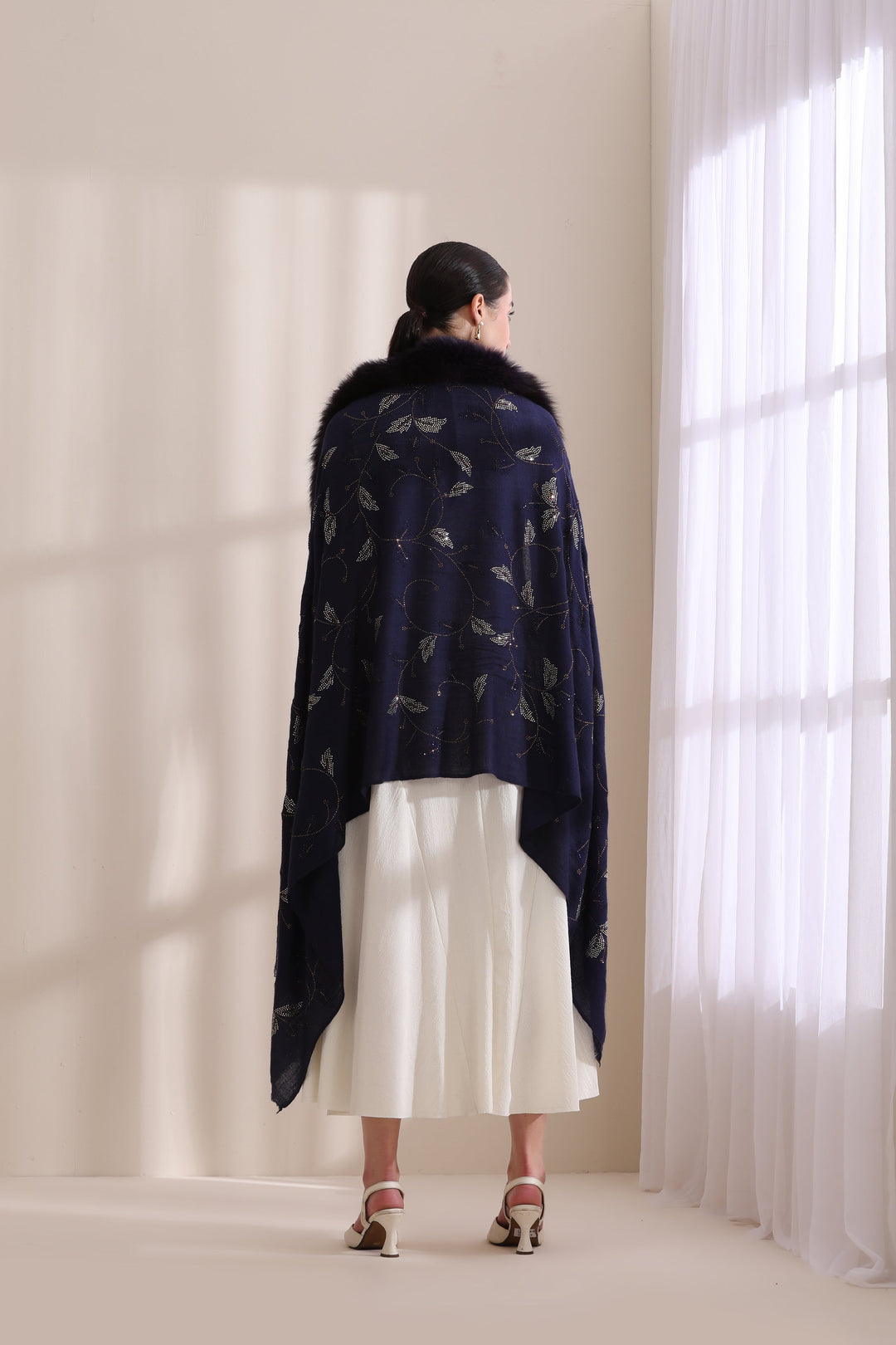 Navy Blue Cashmere Fine Wool Charlotte Collared Fur with Allover Leaf Stone Work Stole 28x80