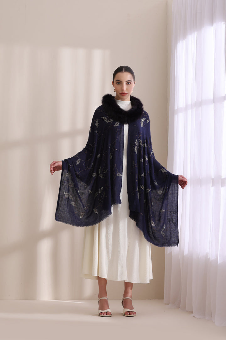 Navy Blue Cashmere Fine Wool Charlotte Collared Fur with Allover Leaf Stone Work Stole 28x80