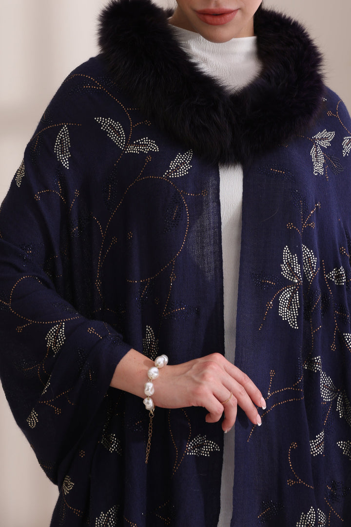 Navy Blue Cashmere Fine Wool Charlotte Collared Fur with Allover Leaf Stone Work Stole 28x80
