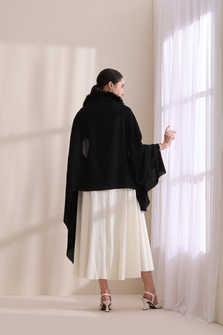 Black Cashmere Fine Wool Mia Collared Fur with All Over Criss Cross Stone Work Stole 28x80