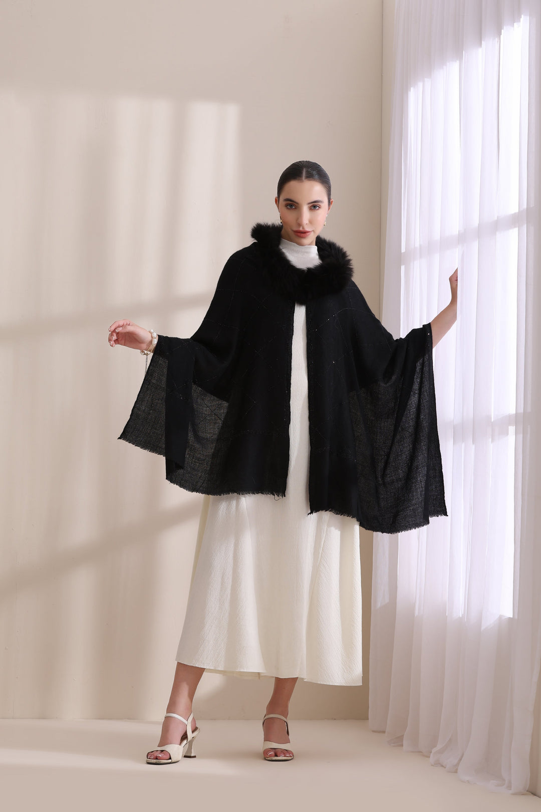 Black Cashmere Fine Wool Mia Collared Fur with All Over Criss Cross Stone Work Stole 28x80