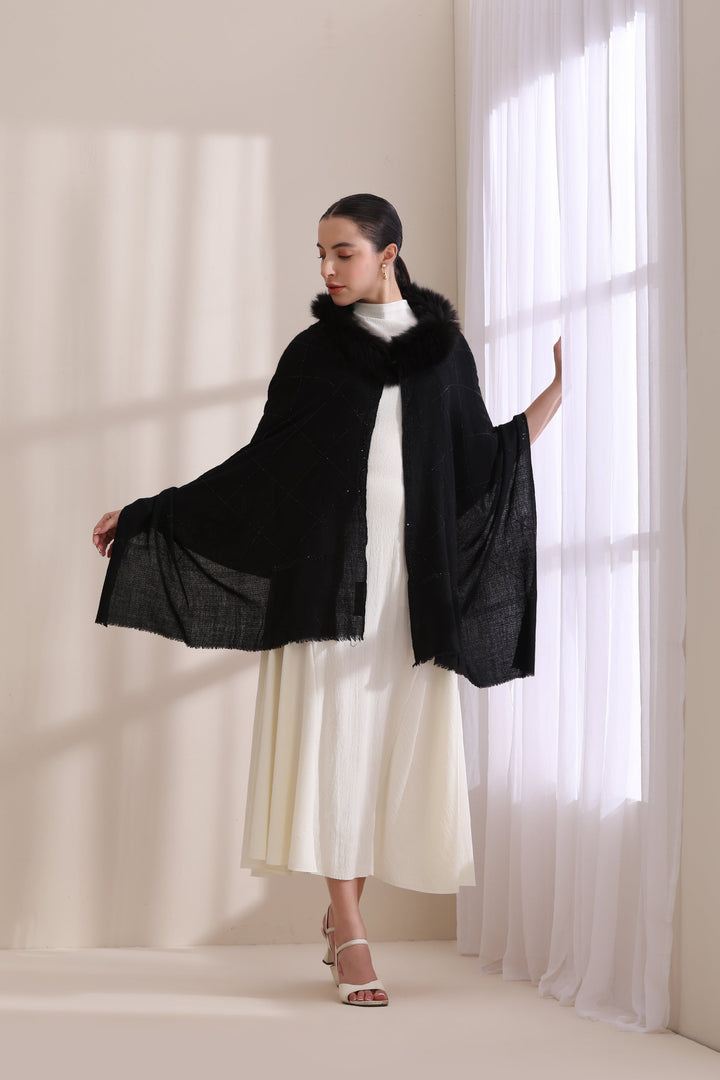 Black Cashmere Fine Wool Mia Collared Fur with All Over Criss Cross Stone Work Stole 28x80