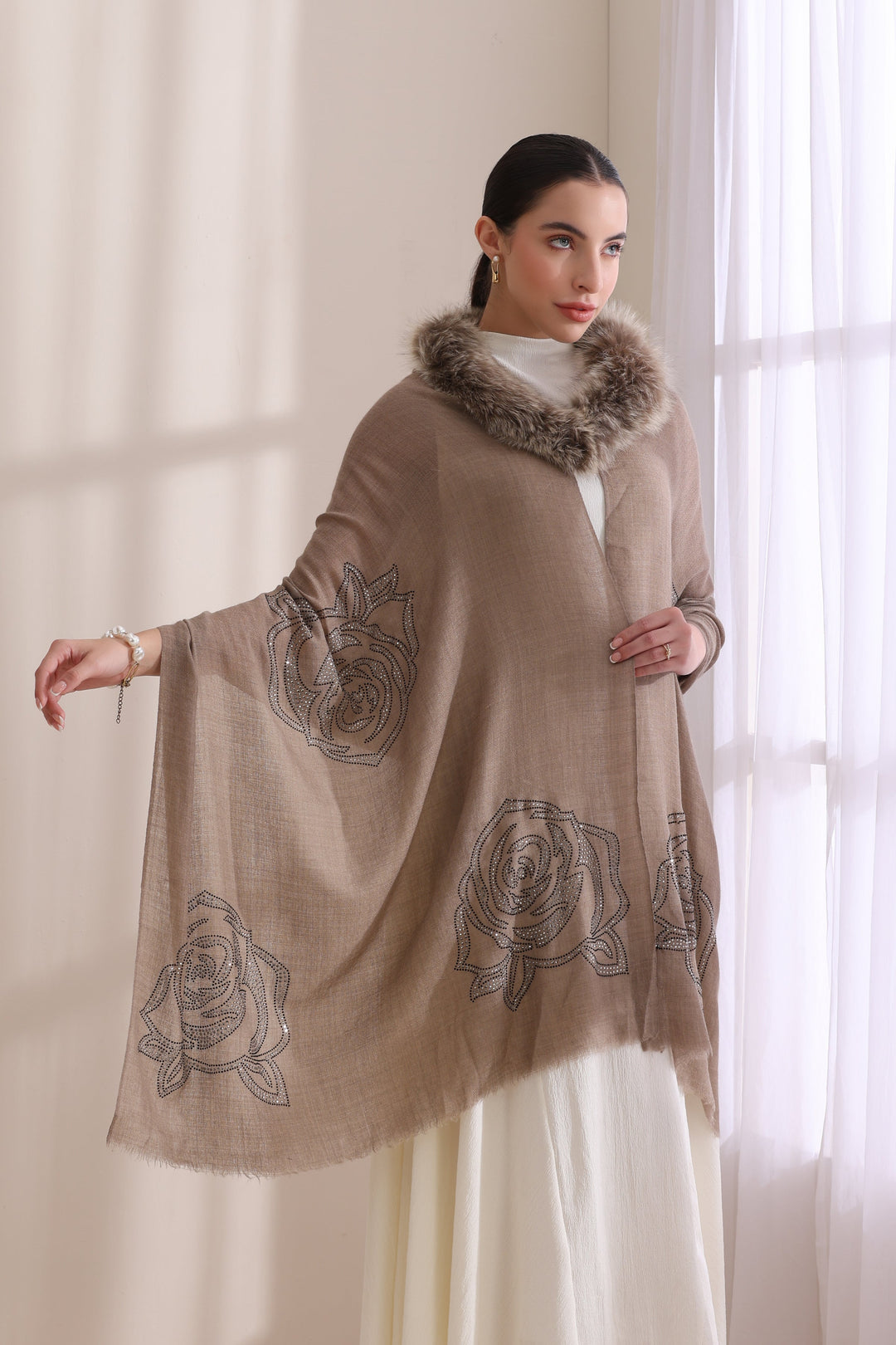 Brown Cashmere Fine Wool Sophia Collared Fur with Rose Stone Work Stole 28x80