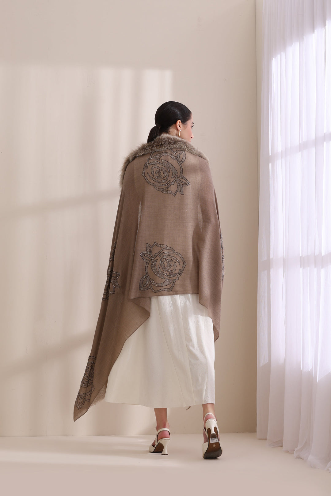 Brown Cashmere Fine Wool Sophia Collared Fur with Rose Stone Work Stole 28x80