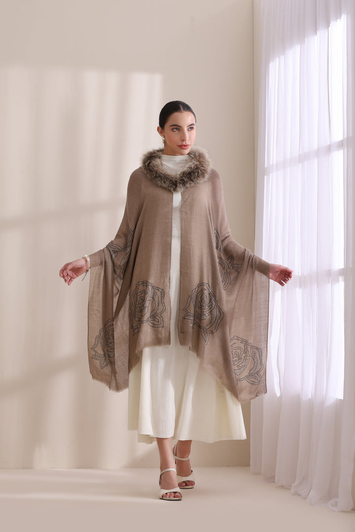 Brown Cashmere Fine Wool Sophia Collared Fur with Rose Stone Work Stole 28x80