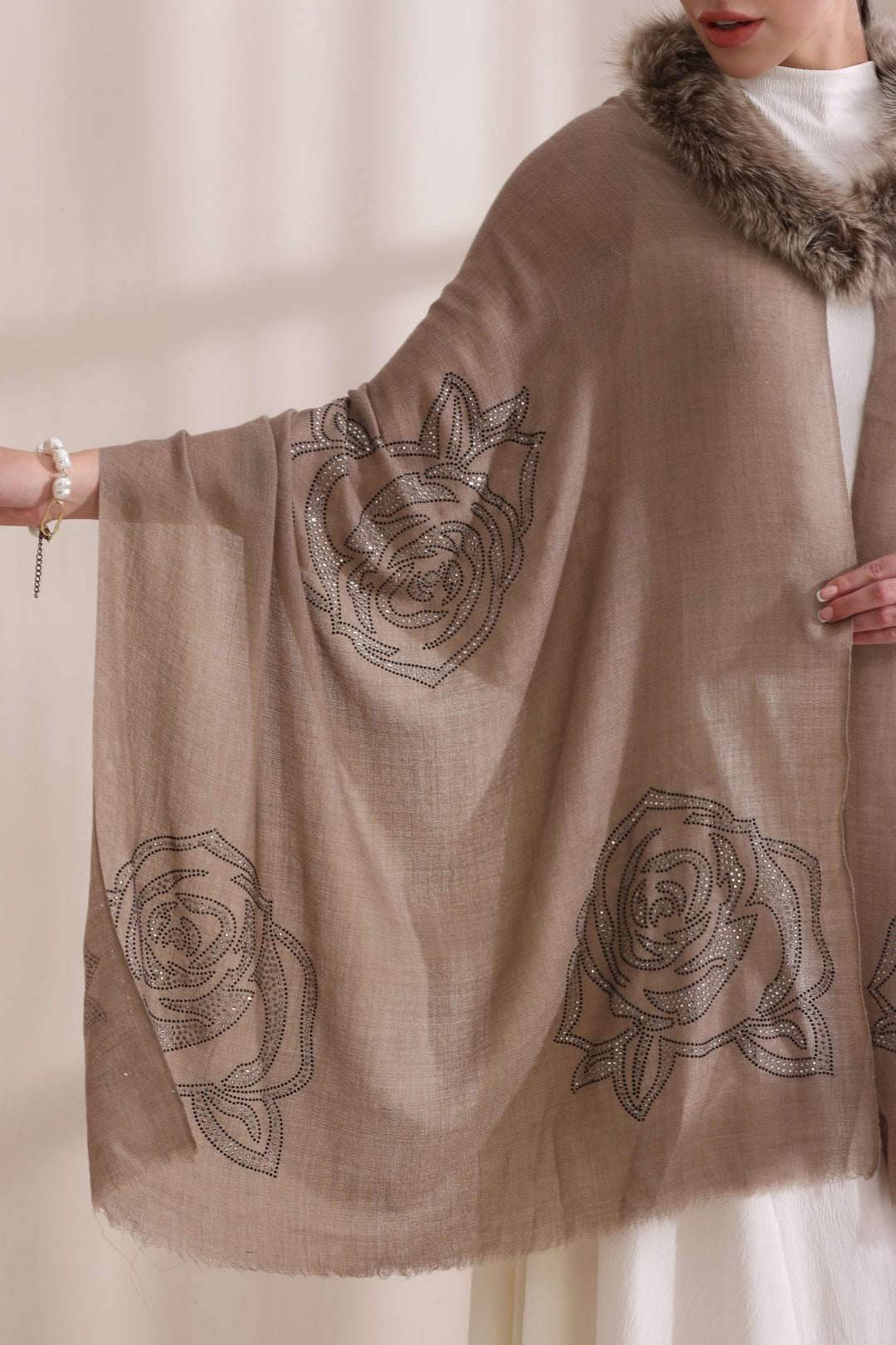 Brown Cashmere Fine Wool Sophia Collared Fur with Rose Stone Work Stole 28x80