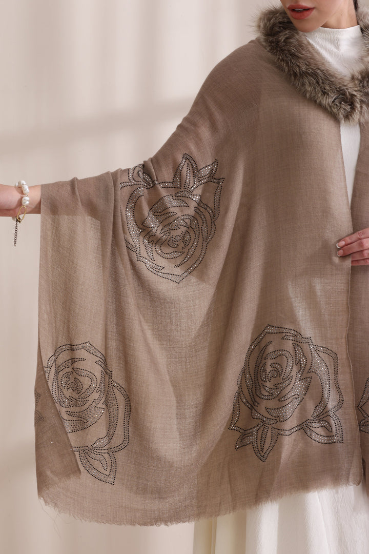 Brown Cashmere Fine Wool Sophia Collared Fur with Rose Stone Work Stole 28x80
