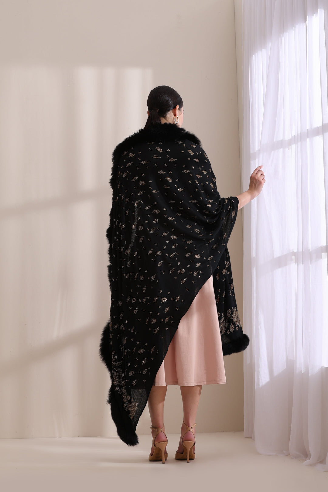 Black Cashmere Fine Wool Isabella Three Side Fur with Allover Stone Work Stole 28x80