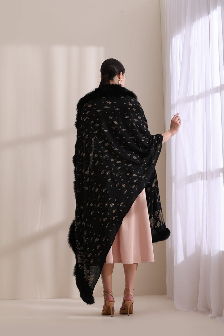 Black Cashmere Fine Wool Isabella Three Side Fur with Allover Stone Work Stole 28x80