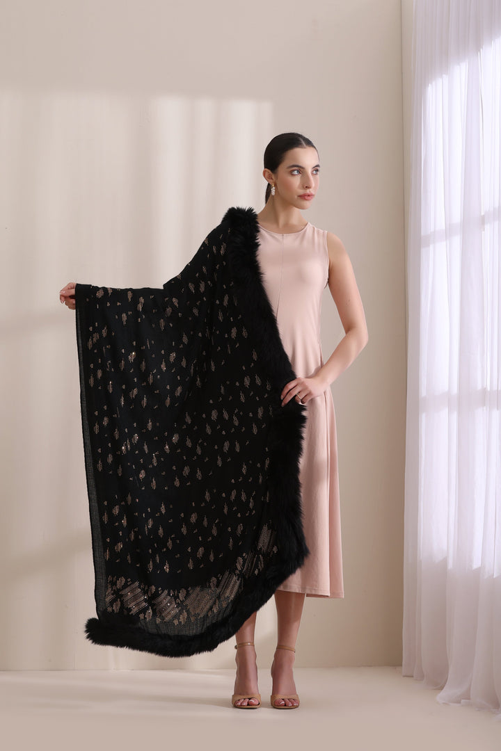 Black Cashmere Fine Wool Isabella Three Side Fur with Allover Stone Work Stole 28x80