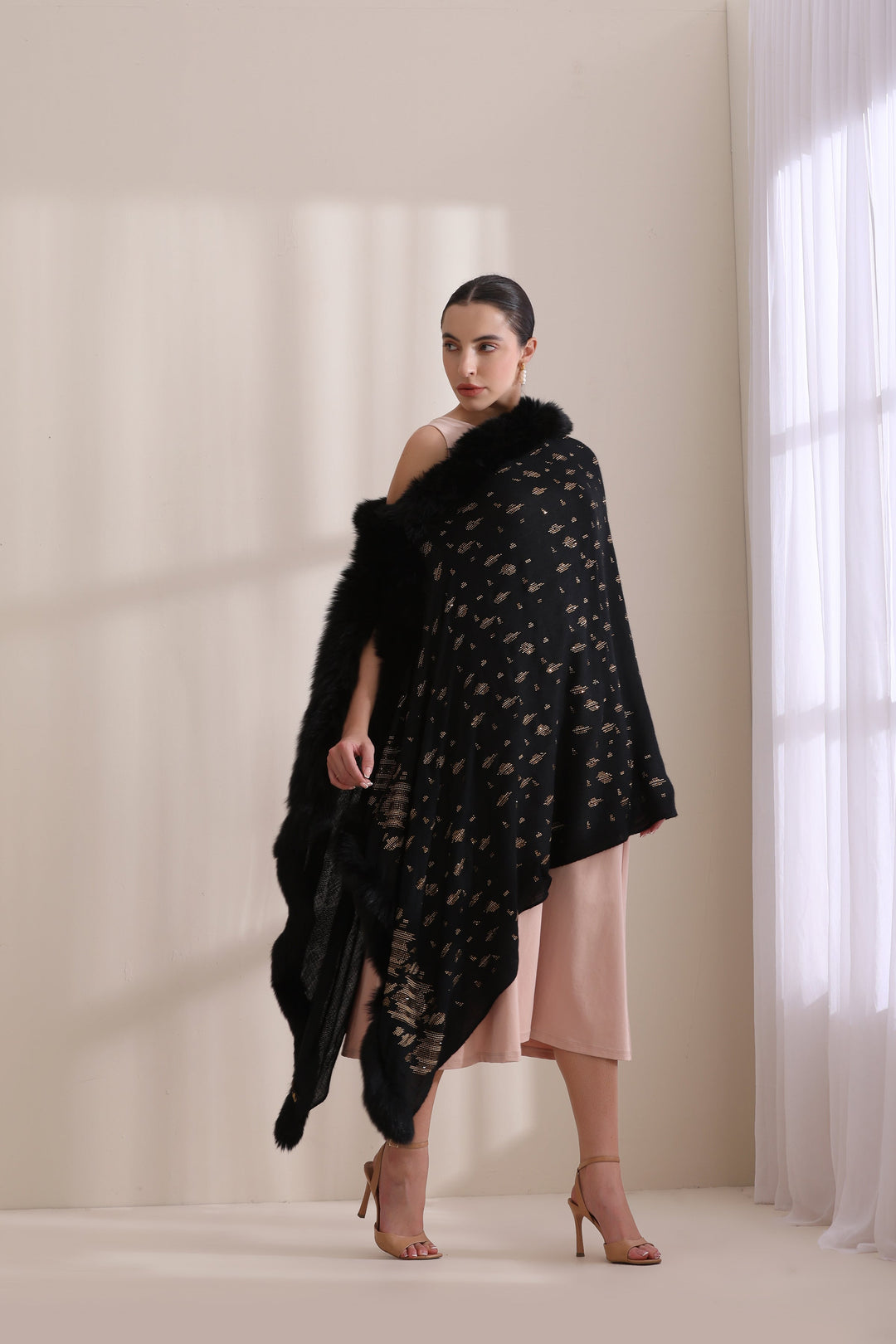 Black Cashmere Fine Wool Isabella Three Side Fur with Allover Stone Work Stole 28x80