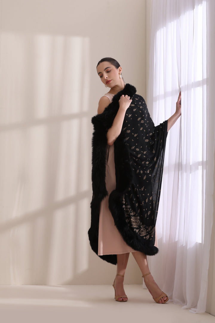 Black Cashmere Fine Wool Isabella Three Side Fur with Allover Stone Work Stole 28x80