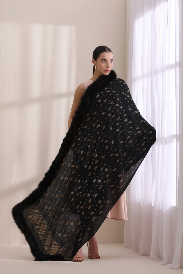 Black Cashmere Fine Wool Isabella Three Side Fur with Allover Stone Work Stole 28x80