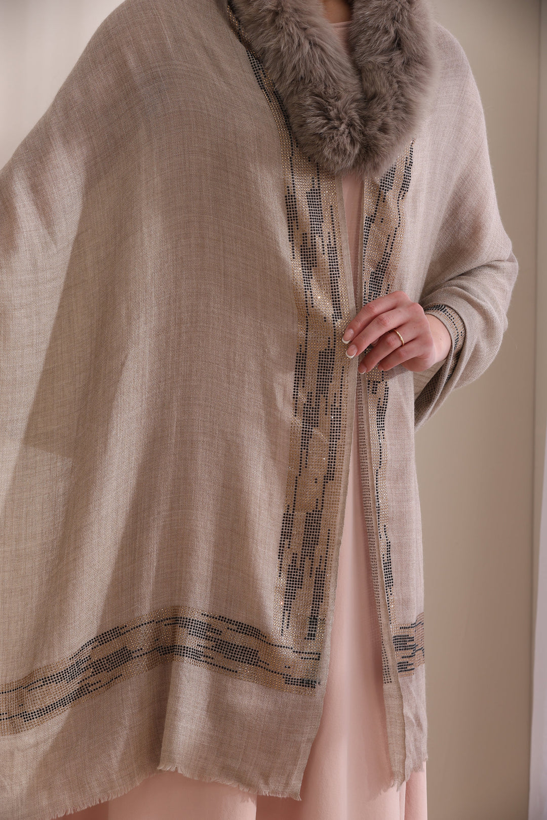 Brown Cashmere Fine Wool Evelyn Collared Fur with Zig Zag Border and Stone Work Stole 28x80