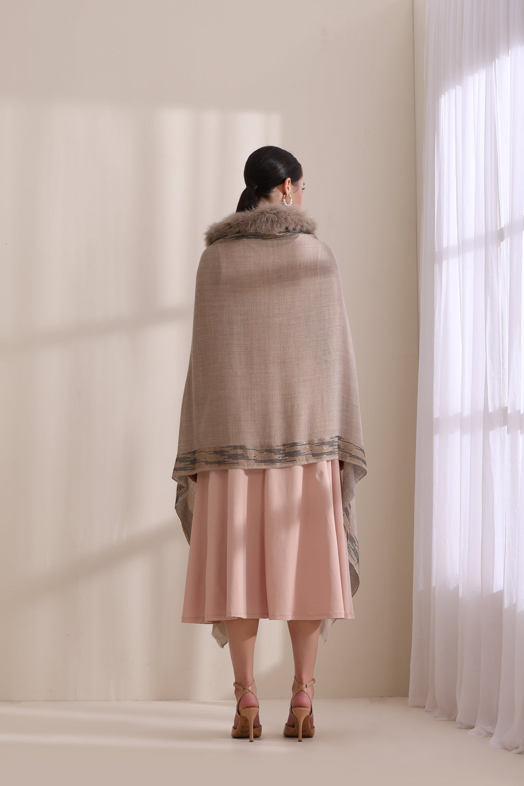 Brown Cashmere Fine Wool Evelyn Collared Fur with Zig Zag Border and Stone Work Stole 28x80