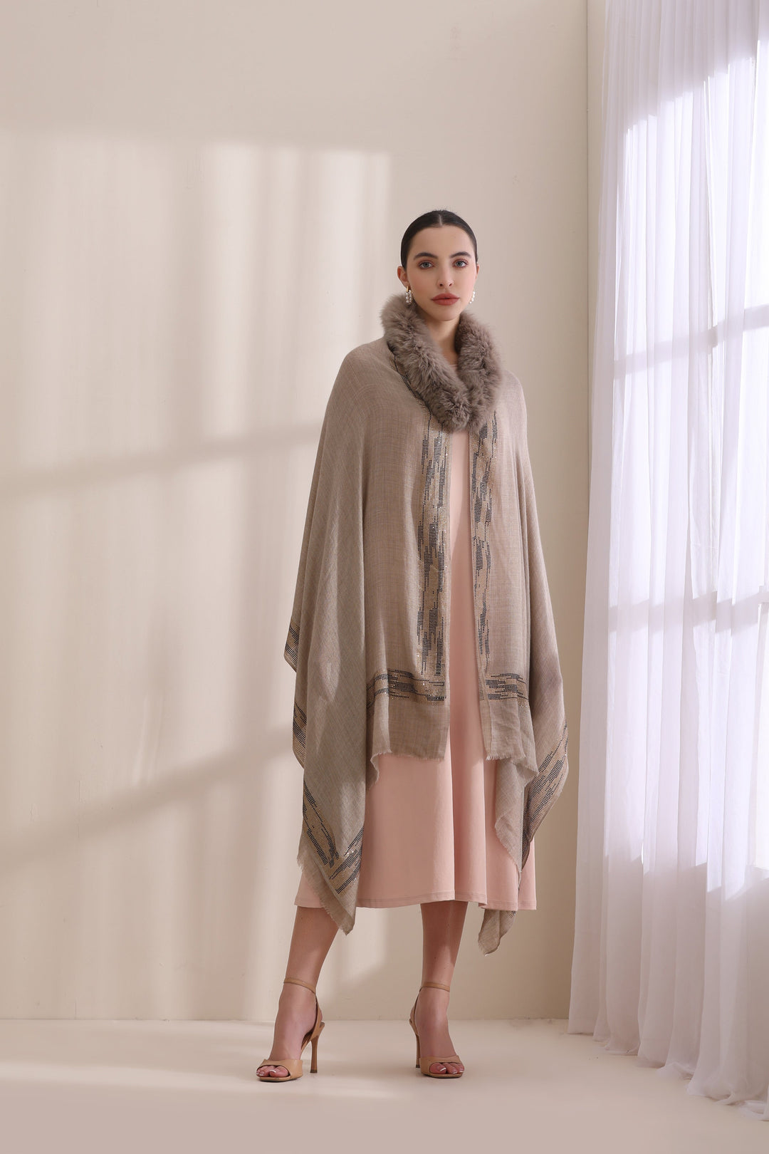 Brown Cashmere Fine Wool Evelyn Collared Fur with Zig Zag Border and Stone Work Stole 28x80