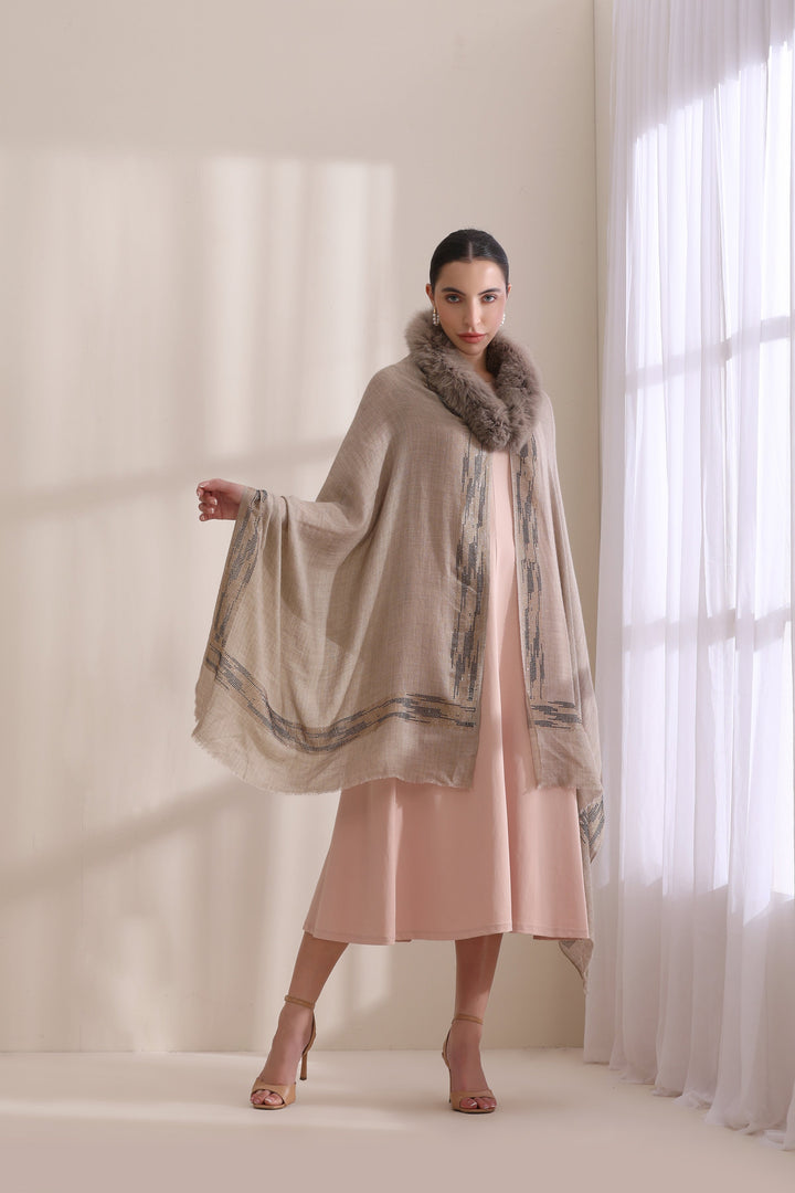 Brown Cashmere Fine Wool Evelyn Collared Fur with Zig Zag Border and Stone Work Stole 28x80