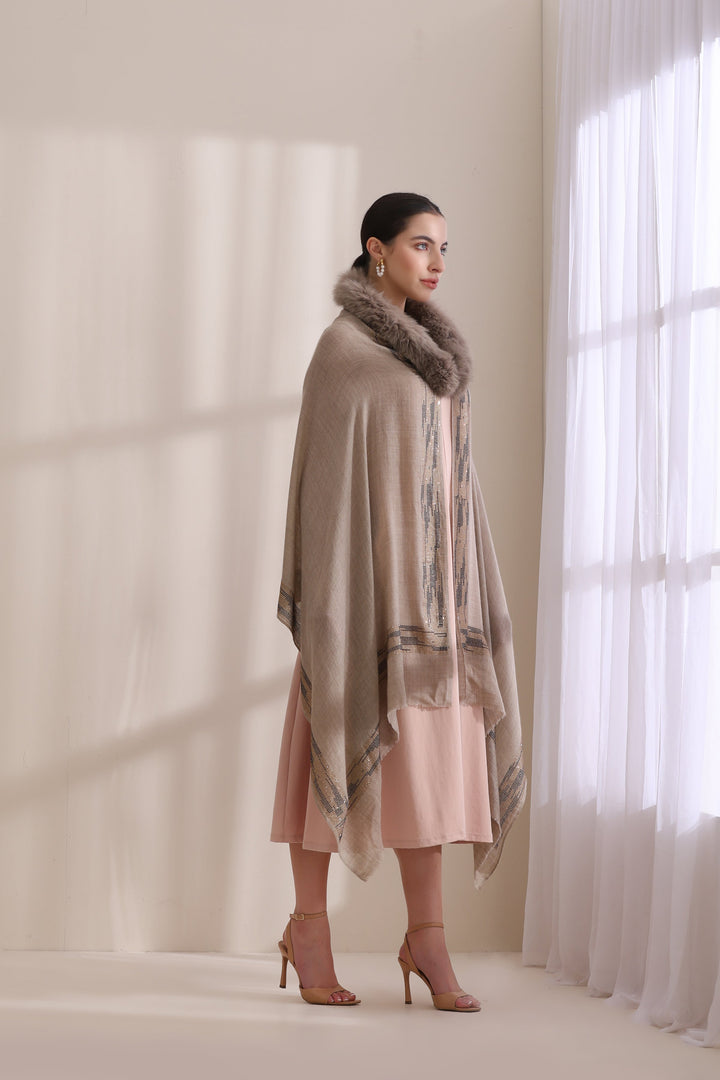 Brown Cashmere Fine Wool Evelyn Collared Fur with Zig Zag Border and Stone Work Stole 28x80