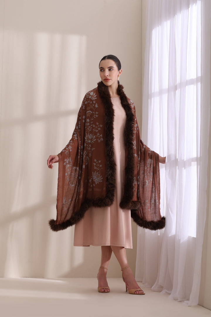 Brown Cashmere Fine Wool Floral Three Side Fur with Allover Lotus Pattern Stone Work Stole 28x80