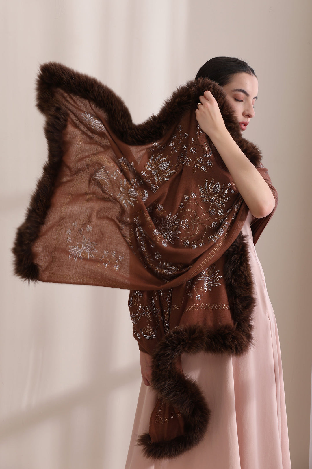 Brown Cashmere Fine Wool Floral Three Side Fur with Allover Lotus Pattern Stone Work Stole 28x80