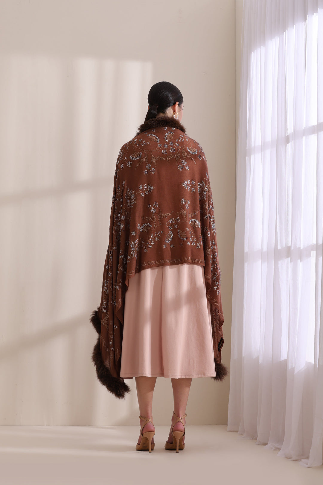 Brown Cashmere Fine Wool Floral Three Side Fur with Allover Lotus Pattern Stone Work Stole 28x80