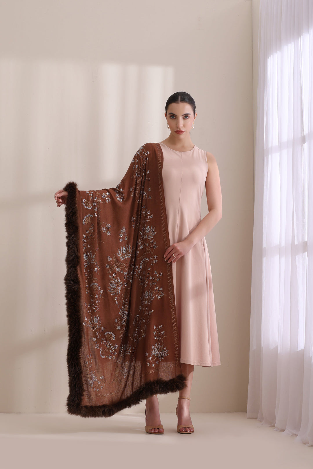 Brown Cashmere Fine Wool Floral Three Side Fur with Allover Lotus Pattern Stone Work Stole 28x80