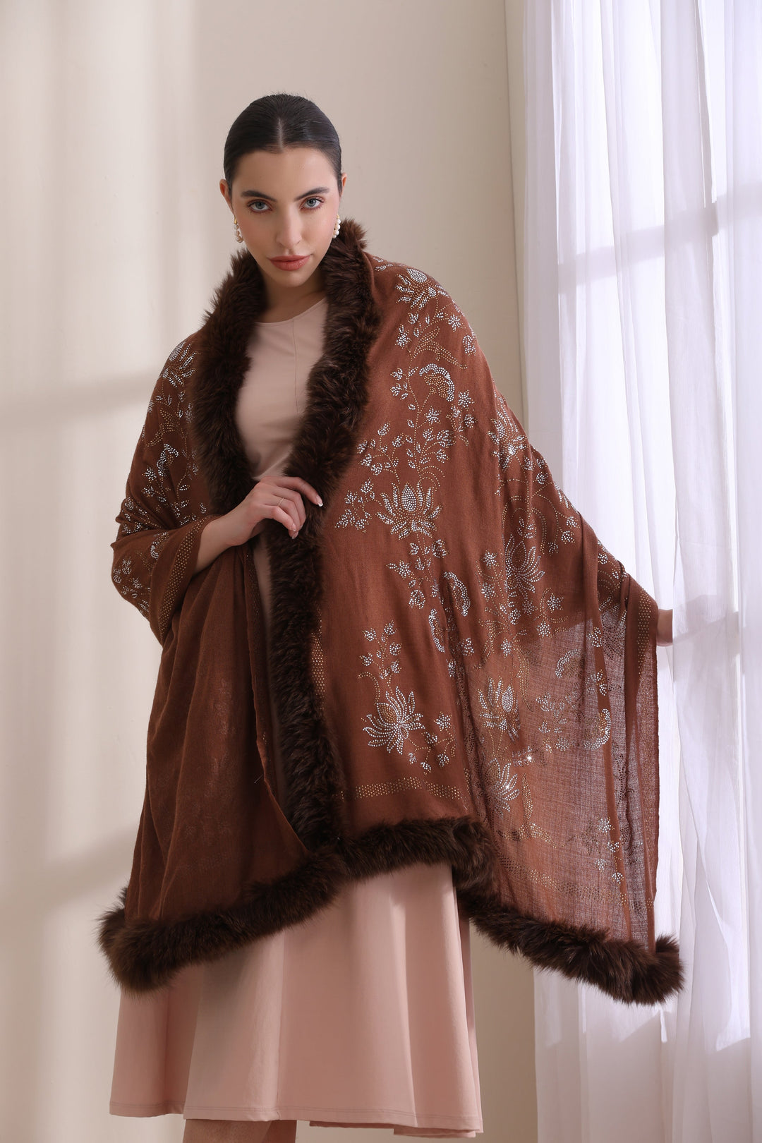 Brown Cashmere Fine Wool Floral Three Side Fur with Allover Lotus Pattern Stone Work Stole 28x80