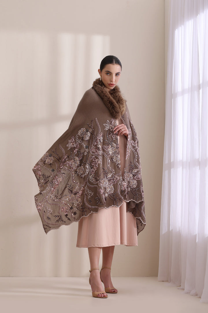Brown Cashmere Fine Wool Camila Collared Fur with Heavy Floral Stone Work Stole 28x80