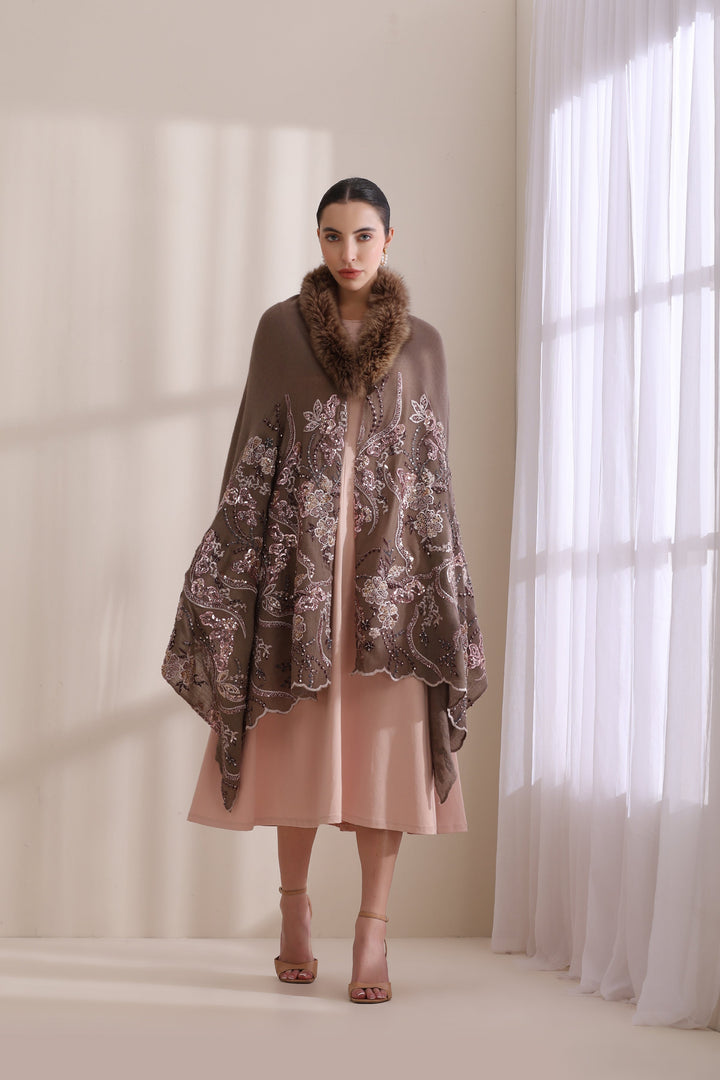 Brown Cashmere Fine Wool Camila Collared Fur with Heavy Floral Stone Work Stole 28x80